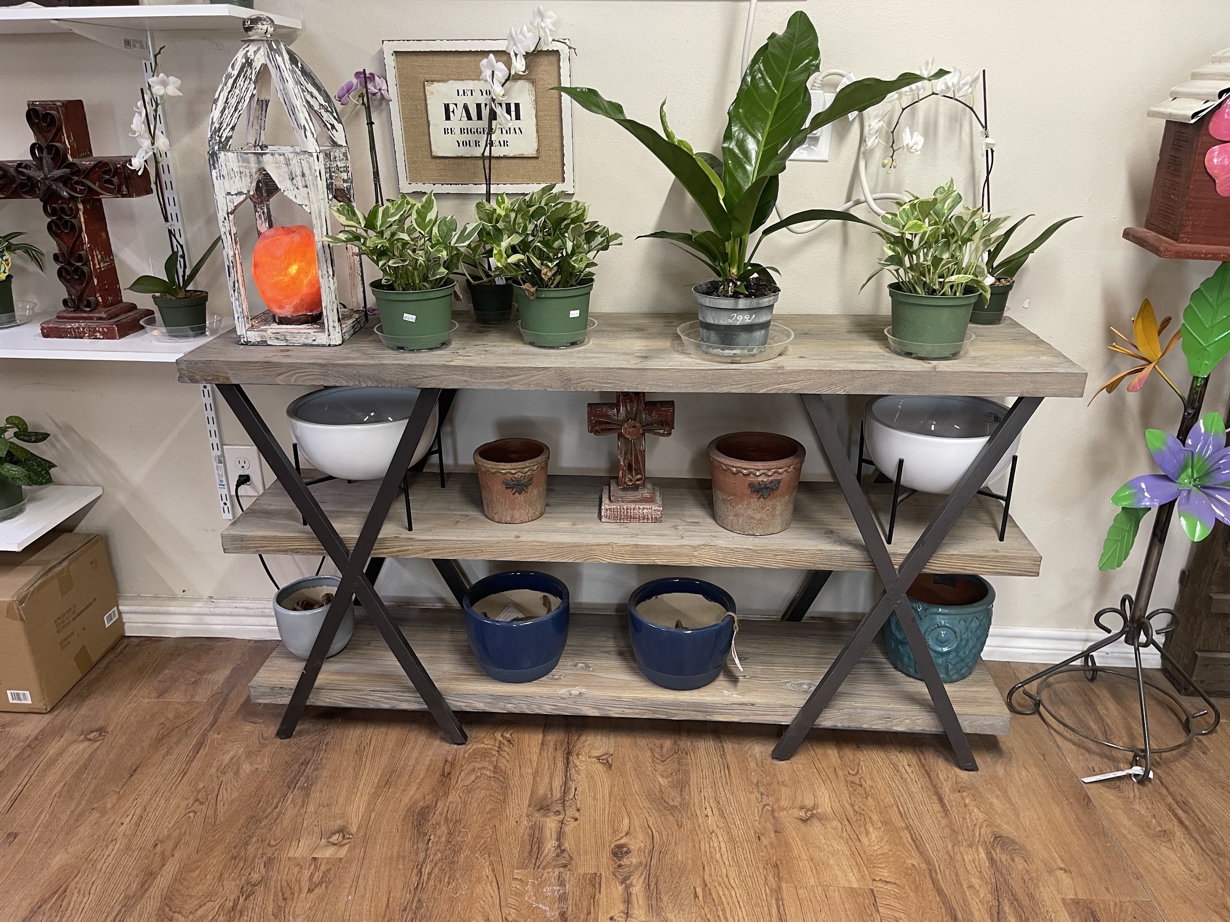 Rustic console display of houseplants and planters inside the shop